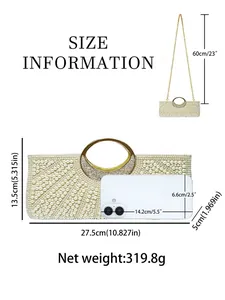 Elegant pearl beaded clutch evening bag with gold ring handle and size reference