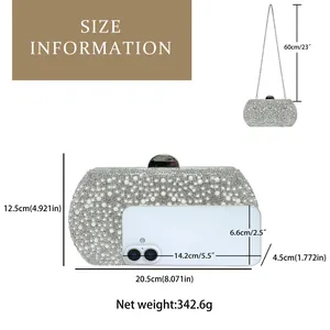 Detailed size specifications for rhinestone evening clutch with pearl handle and chain