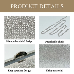 Detail of silver evening clutch featuring diamond-studded design and detachable chain