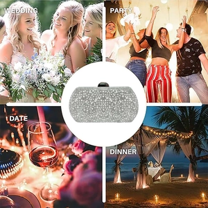 Silver glitter evening clutch with pearls shown in wedding and party social scenes