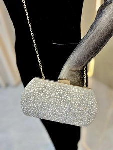 Detailed macro view of an evening clutch with white pearls and silver rhinestones detail
