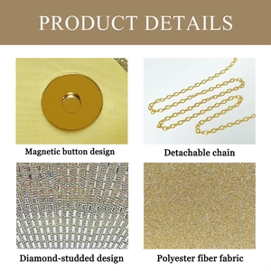 Details der goldenen Abendtasche mit Magnetverschluss, Kette und vollem Diamantbesatz