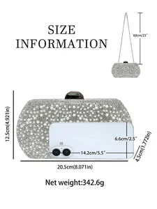Silver luxury evening clutch bag with pearls and rhinestones size guide and dimensions