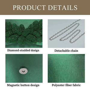 Detail view showing green emerald evening clutch with diamond-studded leaf patterns