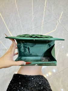 Elegant emerald green satin evening clutch with rhinestones and detachable chain