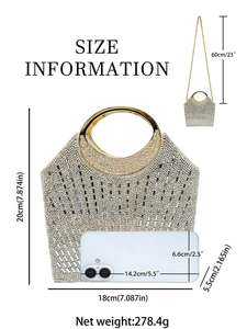 Elegante silberne Strass-Abendtasche mit goldenem Griff und Größenangaben in der Übersicht