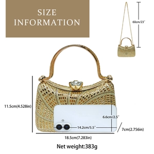 Dimensions détaillées du sac de soirée doré avec strass, chaîne et comparaison téléphone