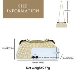 Detailed size information for champagne gold pleated evening clutch bag with dimensions