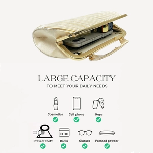 Detail view of large capacity pleated evening clutch showing storage space for essentials