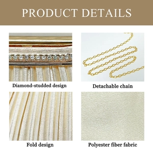 Detail of diamond-studded trim, detachable gold chain, and pleated polyester evening bag