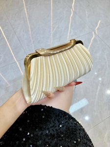 Elegant champagne gold pleated evening clutch bag with sparkling rhinestone top frame decor