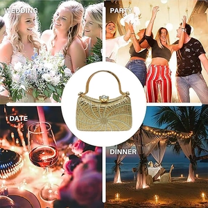 Détail d'une pochette dorée de luxe avec strass radiaux et fermoir en cristal pour mariages