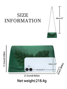 Size information for green satin clutch bag with rhinestones and silver chain strap