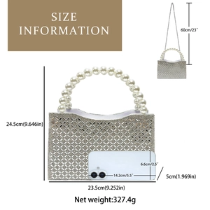 Size guide for sparkling rhinestone pearl handbag with silver chain and dimensions