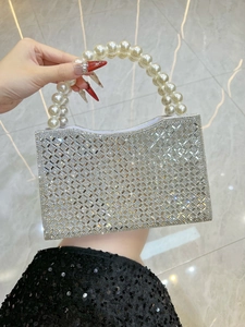 Luxury Rhinestone Evening Bag With Faux Artificial Pearl Handle Elegant Formal Wedding Party Clutch Purse Handbag With Metal Chain