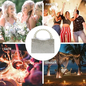 Detail of silver rhinestone evening bag with pearl handle for wedding and party
