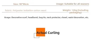 Detail chart of 90x90cm polyester square scarf showing fabric material and weight specs