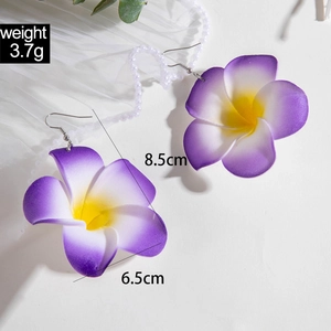 Detail view of purple gradient plumeria earrings with size specs and 3.7g weight