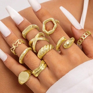 Ten-piece set of gold-toned punk hollow cross rings with various minimalist designs