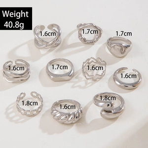 10-piece silver-colored punk ring set with twisted rope and hollow geometric designs