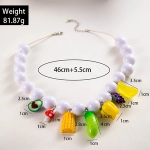 Bohemian white beaded necklace with colorful resin fruit and vegetable charms