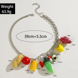 Bohemian style necklace with colorful fruit and vegetable charms on silver double chains