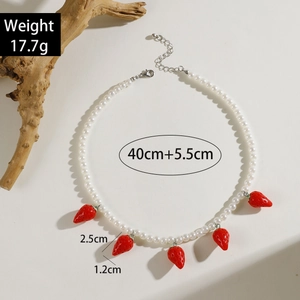 Bohemian white beaded necklace with red strawberry pendants and 40cm adjustable chain