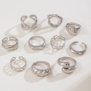 10-piece silver-colored stackable ring set with twist and hollow geometric punk designs