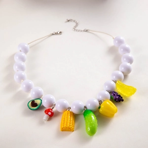 Bohemian style beaded white necklace with colorful avocado and vegetable charms for women
