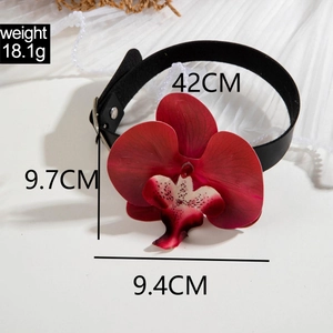 Elegant black choker necklace with large red orchid flower and detailed petals