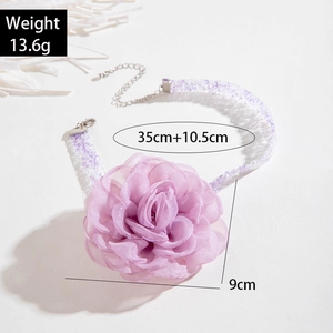 Detail view of purple chiffon flower choker with bead chain and size specifications