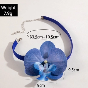 Elegant blue orchid flower choker necklace with adjustable velvet strap and feather accents