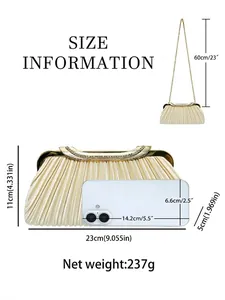 Size guide for pleated evening clutch bag with diamond handle and chain strap dimensions