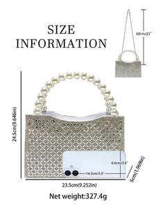 Elegant pearl handle evening bag with sparkling rhinestones and silver chain strap