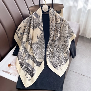 Grand Foulard Carré Femmes Polyester Sensation Satin Imprimé Architecture Vintage Mode Châle Hijab