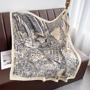 Carré de soie crème 90x90cm rétro avec motifs noirs d'architecture européenne ancienne