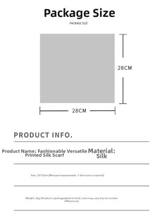 Detailed chart showing 53x53cm silk scarf dimensions, material and weight specifications