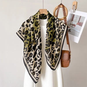 Women Leopard Print Square Scarf Satiny Polyester Shawl Fashion Neck Decor Elegant Animal Pattern Wrap