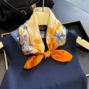 Women Elegant 100% Mulberry Satin Square Scarf French Style Contrast Color Block Floral Print Neck Head Scarf