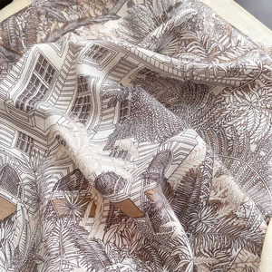 Elegant 90x90cm beige silk square scarf with vintage architectural and palm tree prints