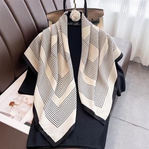 Women Large Square Scarf Geometric Line Print Elegant Polyester Satin Like Thin Windproof Sunscreen Head Neck Wrap