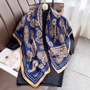 Classic dark blue paisley print oversized scarf with elegant golden border detailing