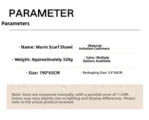 Detailed specifications of the 190x65cm cashmere-feel scarf showing weight and size details