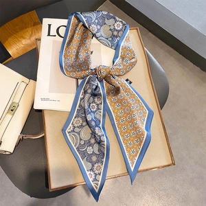 Faux Satin Narrow Neck Scarf Double Sided Paisley Floral Print Long Ribbon Scarf For Women Fashion Office Accessory