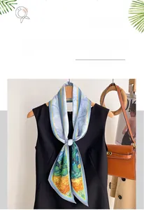 Close-up of artistic oil painting print silk scarf paired with a black dress