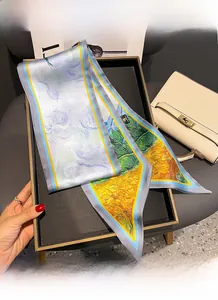 Detailed view of Van Gogh style artistic oil painting silk scarf with rolled edges