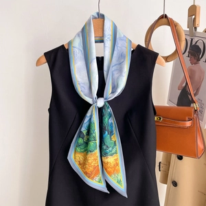 Artistic oil painting style silk scarf with blue and yellow landscape prints for women