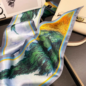 Artistic oil painting silk scarf with cypress wheat field print on a leather bag