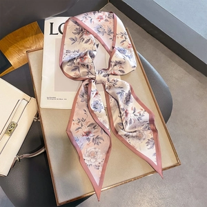 Women Elegant Floral Print Faux Satin Scarf Long Narrow Neck Tie Ribbon Reversible Satin Flower Neckerchief Fashion Accessory