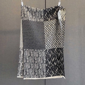 Detail of geometric pattern splicing and fringe edge on black and white autumn shawl